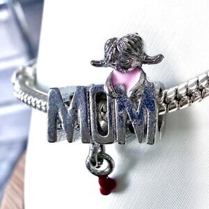 Mom Bead Charm Fits Snake Chain Bracelet Silver Pink Heart Daughter Pendant